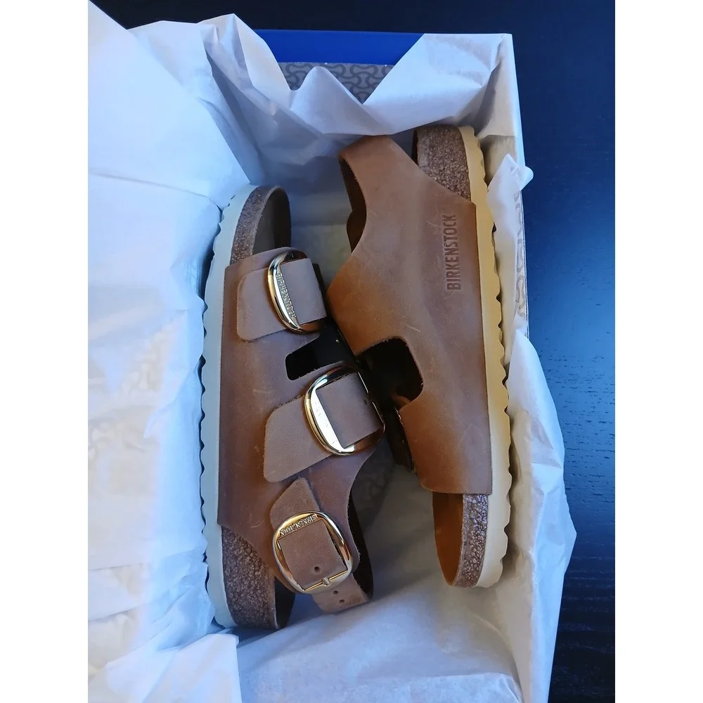 Birkenstock Milano Big Buckle Sandals Cognac Oiled Leather EU 36 US 5 Gold